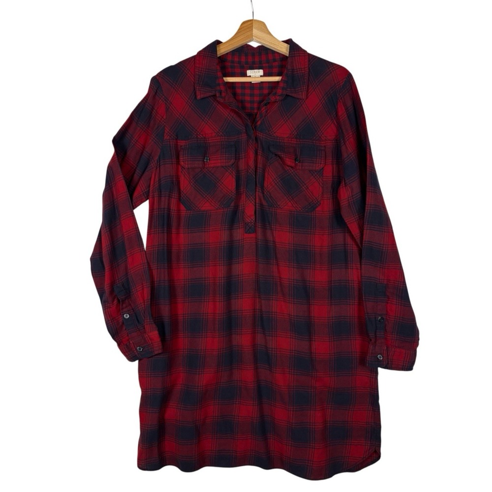 J Crew Factory Flannel Shirt Dress Red Navy Plaid Cotton Popover Size XL Lounge